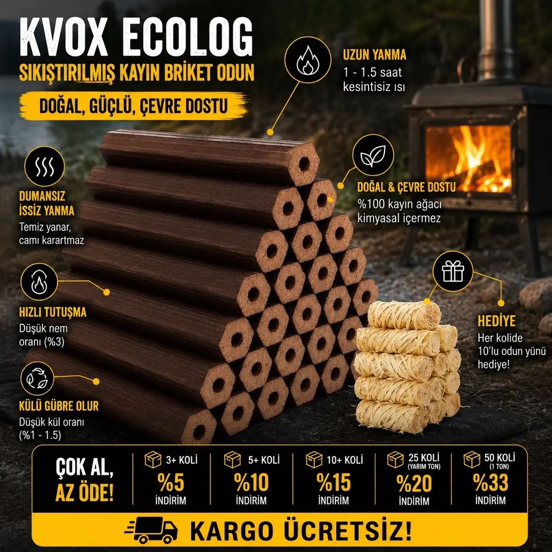Kvox Ecolog Briket Odun 20 kg, Katkısız Sıkıştırılmış %100 Kayın Şömine, Soba ve Kamp Odunu 3