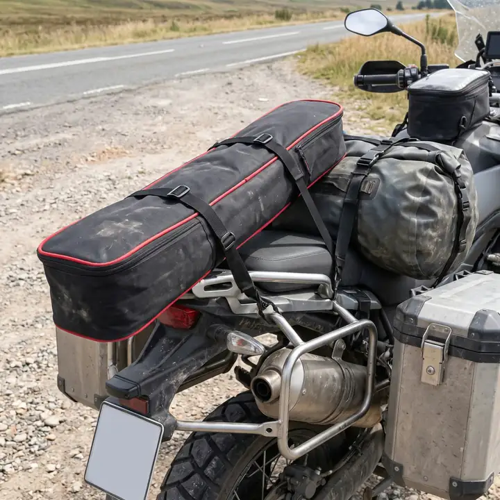 Yol kenarında macera motosikletinin arka koltuğuna bağlama kayışlarıyla sabitlenmiş masa çantası