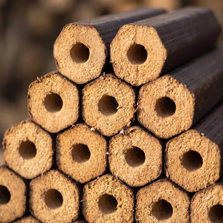 Kvox Ecolog briket odunların ortası delikli altıgen uçları, sıkıştırılmış kayın talaşı dokusu
