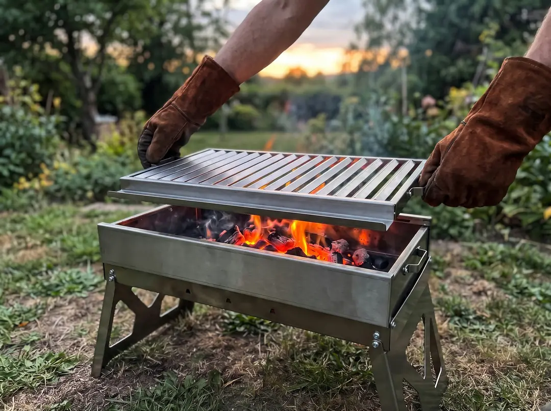 Mangal eldivenli eller oluklu paslanmaz çelik pişirme ızgarasını közlü mangal gövdesine yerleştiriyor