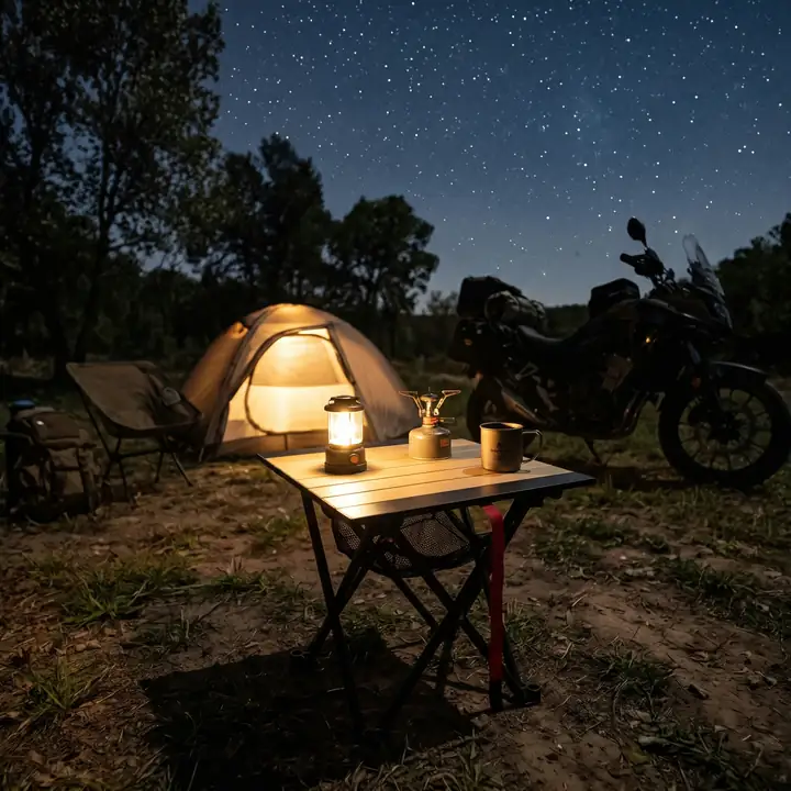 Gece yıldızların altında küçük çadırın önünde üstünde fener ve kamp ocağı olan kamp masası, arkada motosiklet