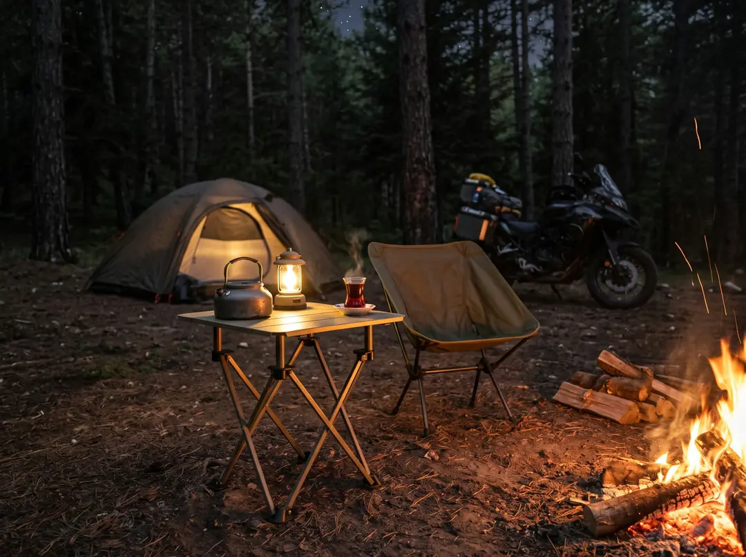 Gece orman kampında ateş başında kamp sandalyesinin yanında KVOX Axis Iron Moto masa, üstünde fener, çaydanlık ve çay bardağı