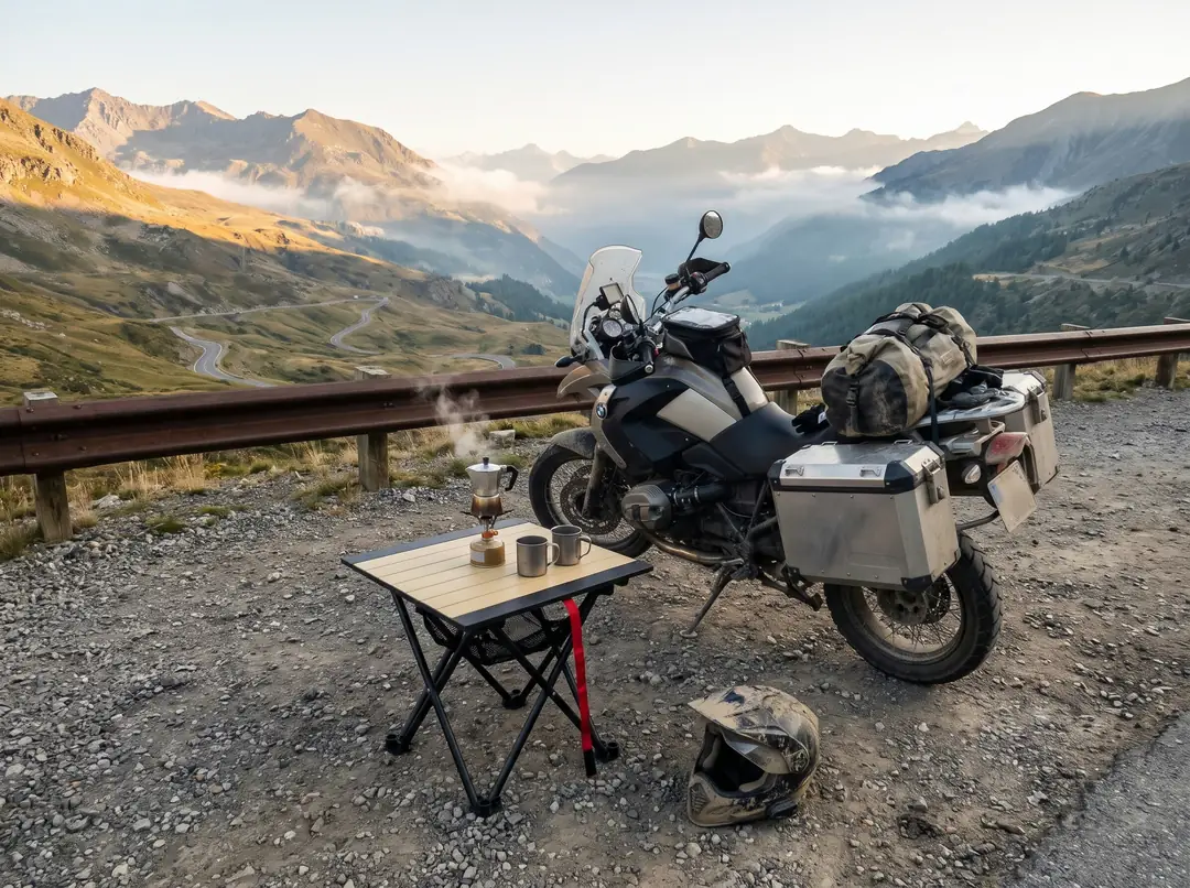 Sabah dağ geçidinde manzara noktasında macera motosikletinin yanında üstünde kamp ocağı ve kupalar olan kamp masası