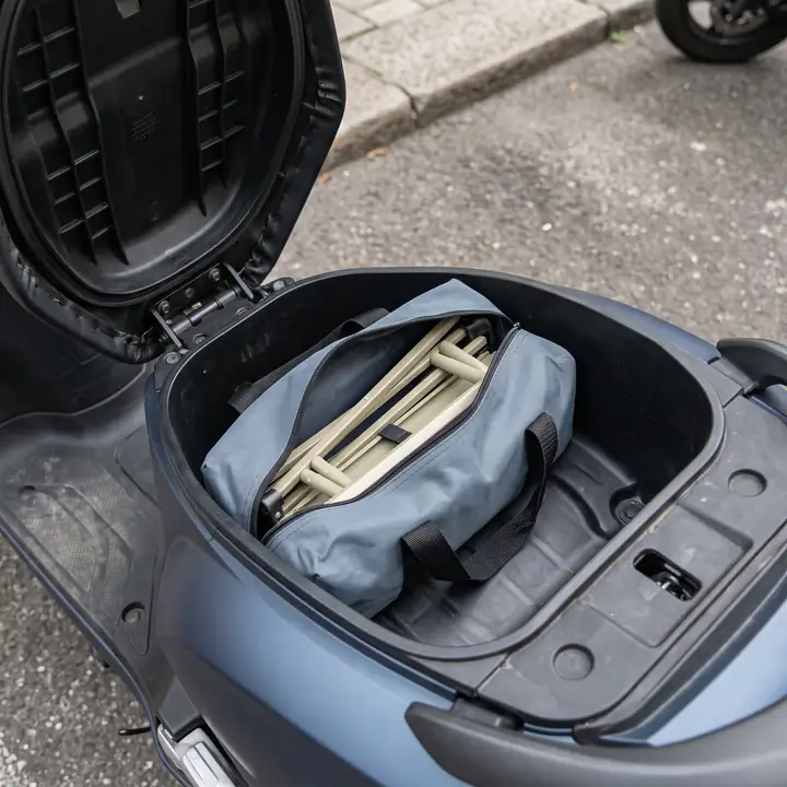 Scooter'ın sele altı bagajında çantası içinde katlı KVOX Axis Iron Moto masa